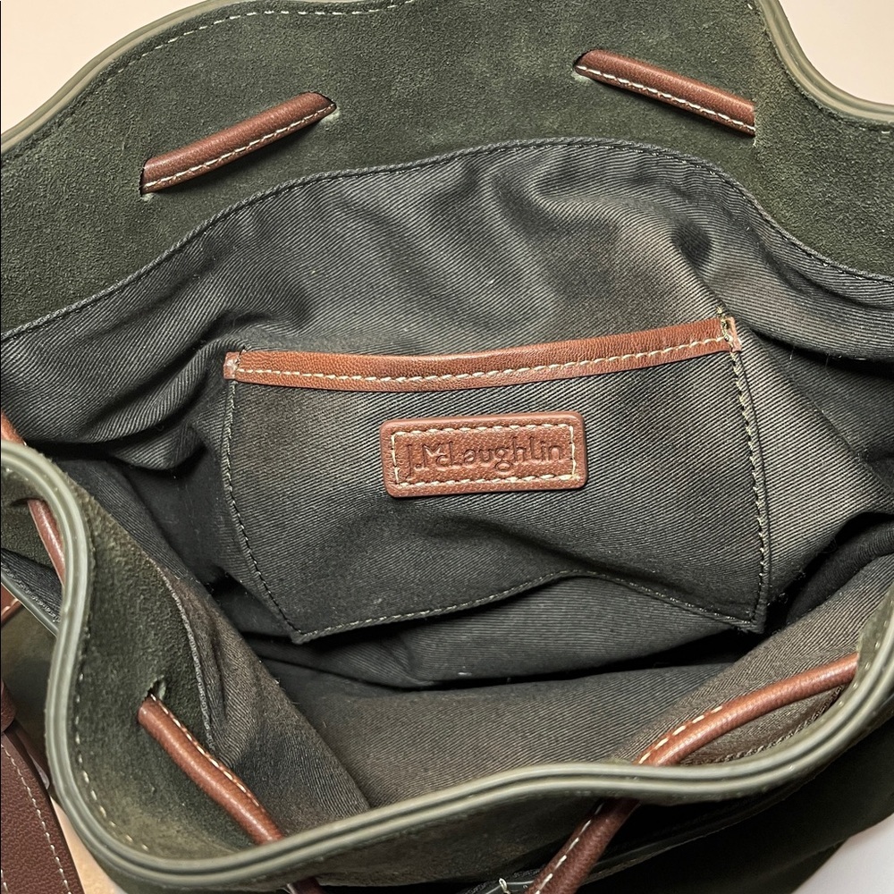 J. McLaughlin Ariana Green Suede Bucket Bag, brown leather trim - Picture 5 of 7